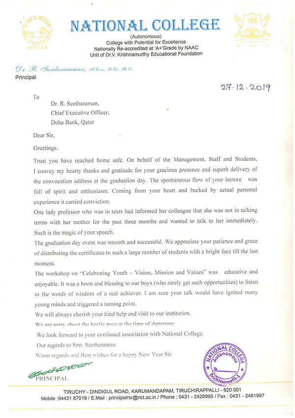 Letter of gratitude - National College